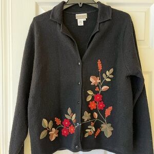 Coldwater Creek Black Cardigan with Floral Embroidery